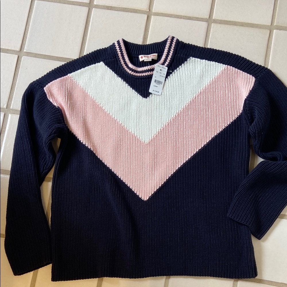 Blue and Pink Crew Neck Sweater with Cozy Knit Design